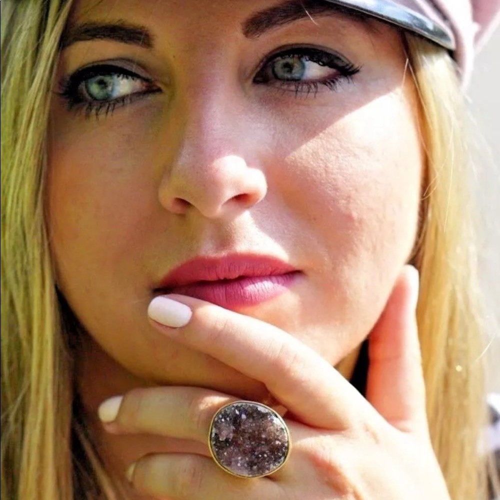 Genuine Natural Druzy Stone Gold Plated Ring